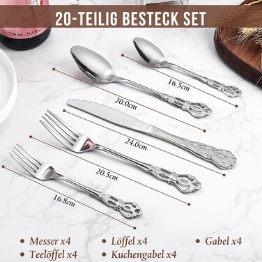 Набір столових приборів 20 предметів Vintage Palast з нержавіючої сталі на 4 особи, поліровані, для посудомийної машини, сріблясті