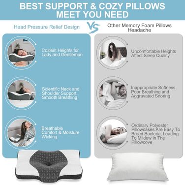 Elviros Orthopedic Pillow, Memory Foam Ergonomic Neck Support Pillow, Neck Pillow Head Pillow Neck Pain, Side Sleeper Pillow Stomach Sleeper Pillow, with Cover, Dark Grey