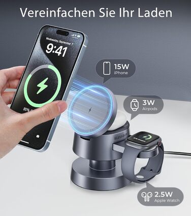 База для зарядки 4-в-1 для iPhone 17/16/15/14 Pro Max, бездротовий зарядний стан з нічним світлом, сумісний з Apple Watch та AirPods (сірий, 20W)