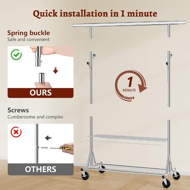 Стійка для одягу на колесах FAVOOOSTY, металева, мобільна, до 200 кг, швидка установка, срібна