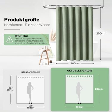 Шторка для душу BTTN вафельна, 180x200 см, антигрибкова, важка, водонепроникна, текстильна, з 12 гачками, зелена
