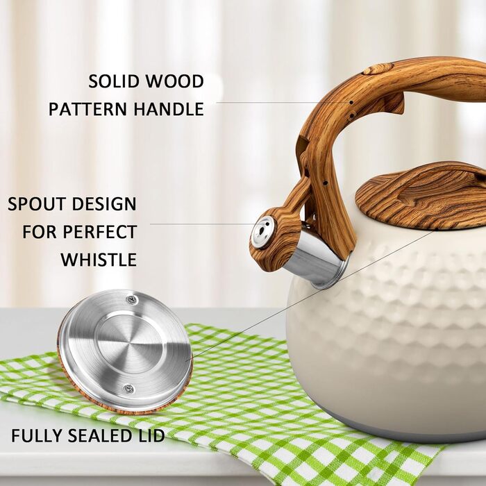 Чайник для плити, 3 л, нержавіюча сталь, з ручкою з деревом, чайник-свисток для індукційних, газових та електричних плит (білий)