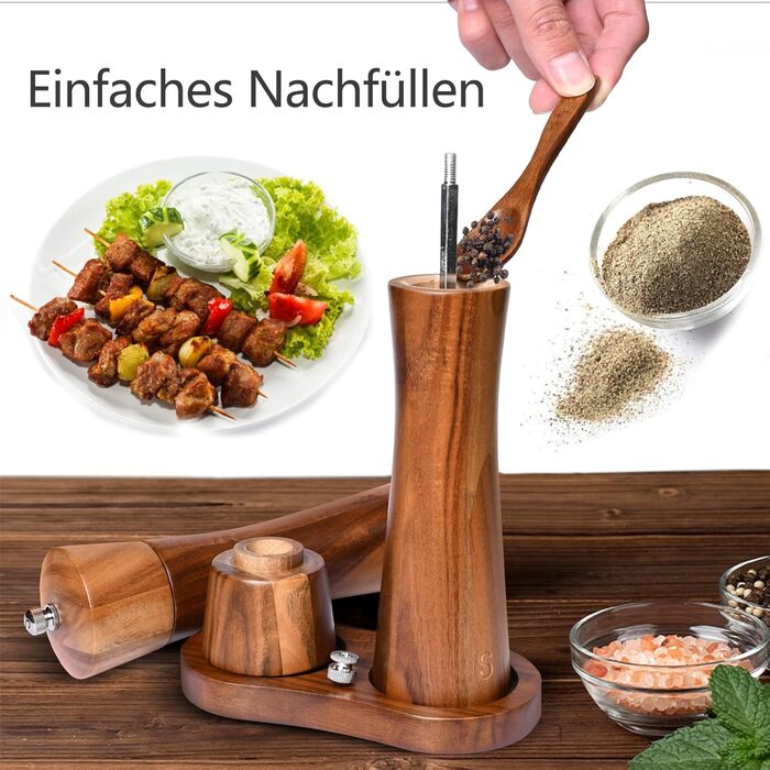 Set of 2 pepper mills made of good wood, salt and pepper mill set, 21 cm length, allows adjustment of the pepper grind, spice grinder with stainless steel core.