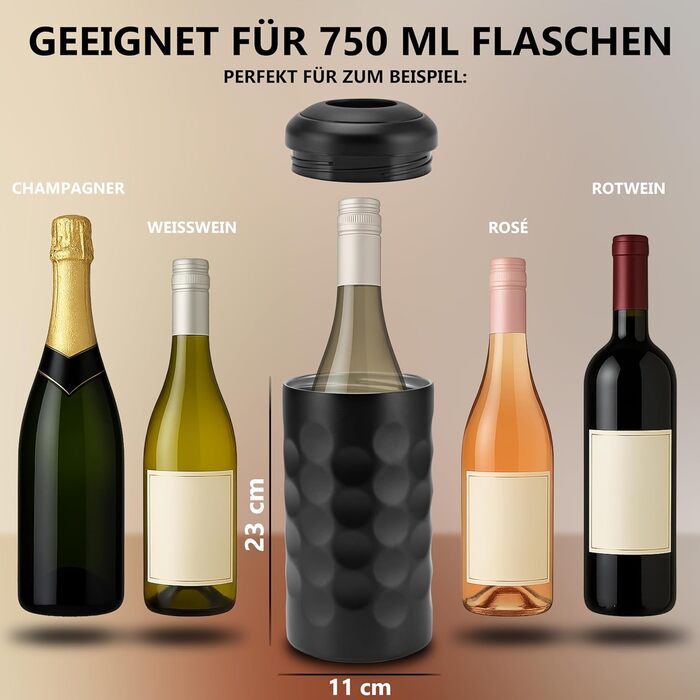 Охолоджувач вина Arktis – стильне наливання безпосередньо з охолоджувача | Вакуумний ізольований охолоджувач напоїв та охолоджувач пляшок для вина, шампанського, ігристого вина | Охолоджувач шампанського з подвійними стінками (Чорний)