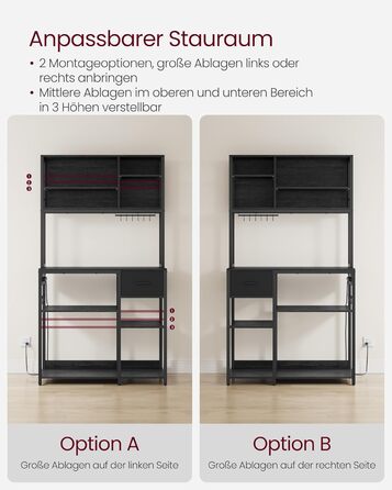 Стелаж кухонний VASAGLE з розетками, 40 x 100 x 180.4 см, з регульованими полицями, ящик з тканини, 12 гачків, антрацит-чорний