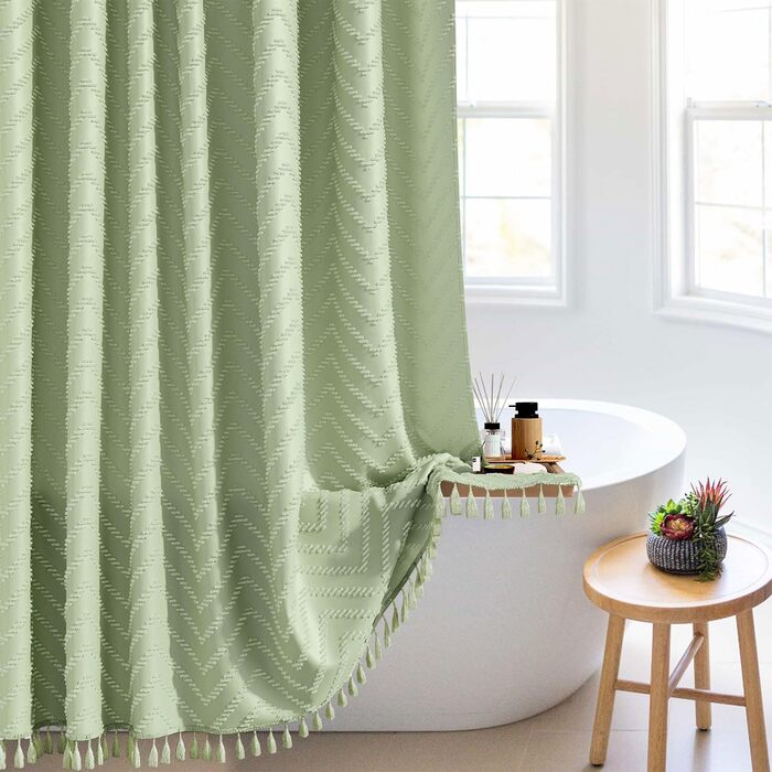 Штора для душу BTTN 180x180 см, Бохо, бежева з китицями, водонепроникна, з гачками (12 шт.)