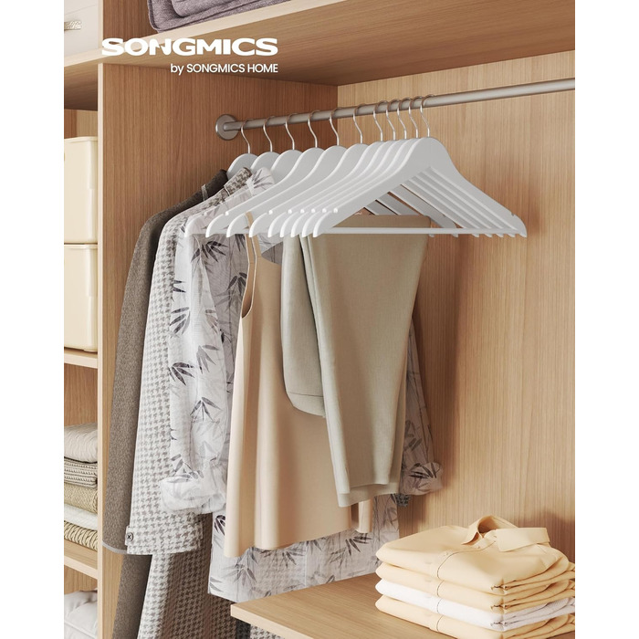 В'язки для одягу SONGMICS, набір з 20 шт., дерев'яні, тонкі, для сорочок та жакетів, з вирізами для плечей, для штанів, поворотний гачок 360°, з берези, білий, CRW0W02