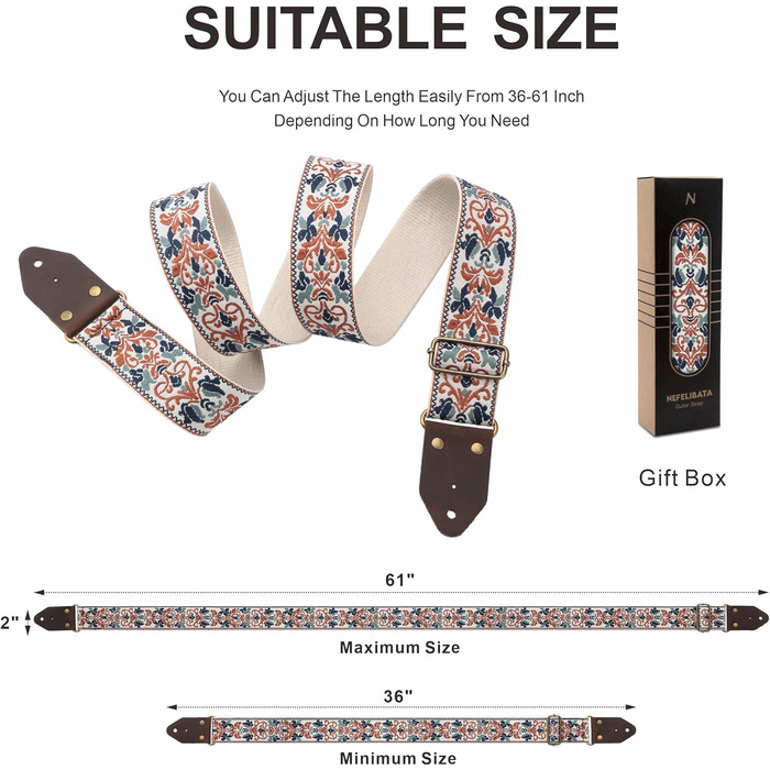 Гітарний ремінь Nefelibata з жаккардовим плетінням, бавовна, шкіряні кінці, для бас-гітари, електрогітари та акустичної гітари, подарунок для дітей та гітаристів, ретро золотий жаккард