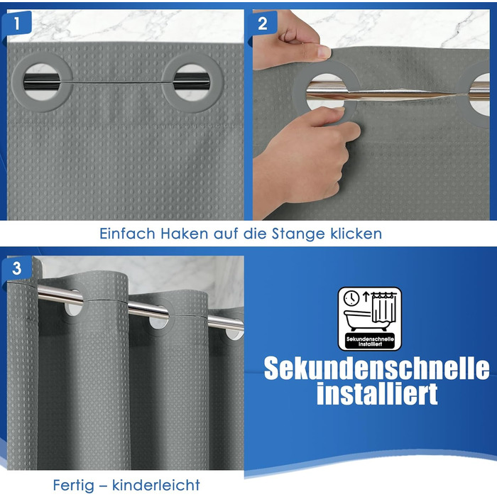 Водонепроникна штора для душу вафельна, 180x190 см, 260 GSM, сіра. Преміум-якість, анти-грибок, з металевими люверсами