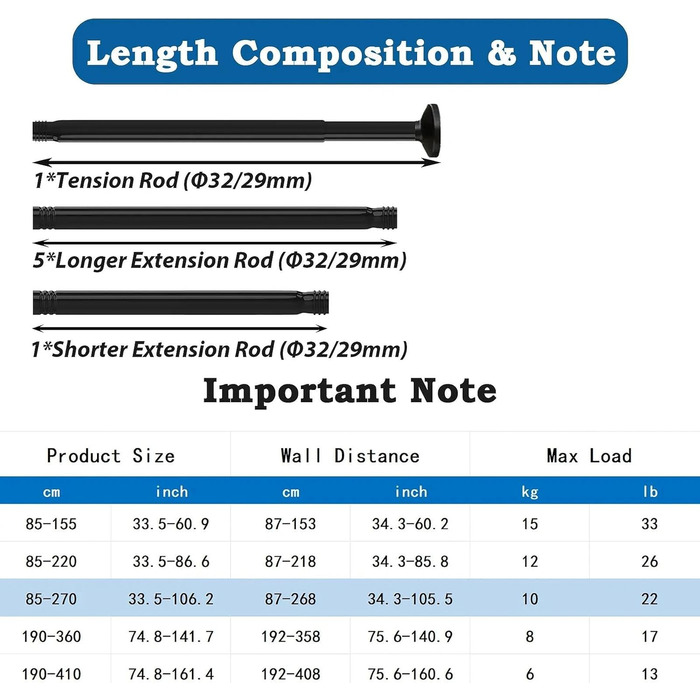 Штанга для штор у ванну/спальню, телескопічна, без свердління, 85-270 см, діаметр 32 мм, срібна