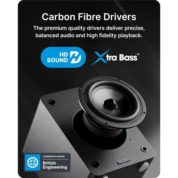 Активні колонки Majority D50X: Hi-Fi звук, Bluetooth 5.3, HDMI ARC, AUX, USB, 60W, студійний монітор з вуфером з вуглецевого волокна (Чорний)