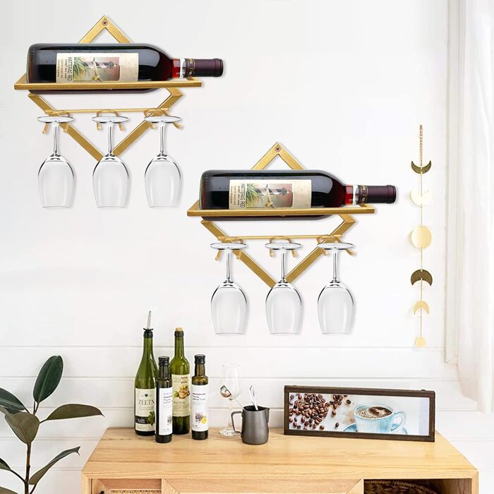 2pcs Metal Wall Mounted Wine Rack Stemware Glass Rack, Folding Wall Hanging Red Wine Shelf Organizer with 3 Stem Glass Holders, Black Wine Bottle Hanger for Home Kitchen Bar Wall Decor (Gold Bb)