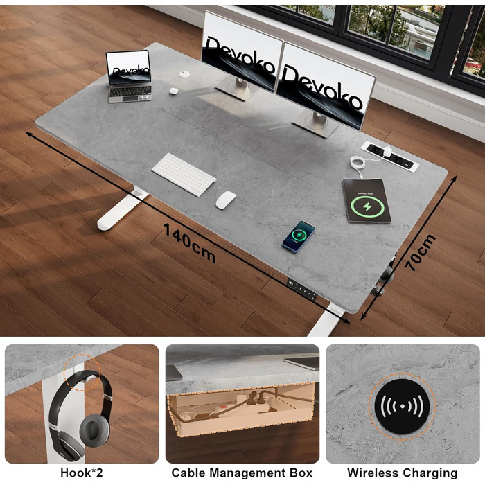 Devoko Adjustable Standing Desk, Electric Standing Desk with Wireless Charger, Memory Control, 3 USB Ports, 360° Swivel Wheels (Gray & White, 140 x 70 cm)