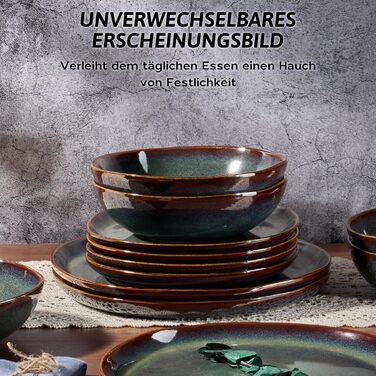 Сервіз Joyfair на 6 осіб, 18 предметів, кераміка, набір посуду, тарілки для їжі, десертні тарілки, миски для каші, сумісний з мікрохвильовою піччю та посудомийною машиною, колір Тандра Грін