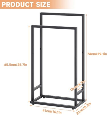 Підставка для рушників на підлозі, металева, з 2 перекладинами, чорна, для ванної кімнати, стабільна, економна