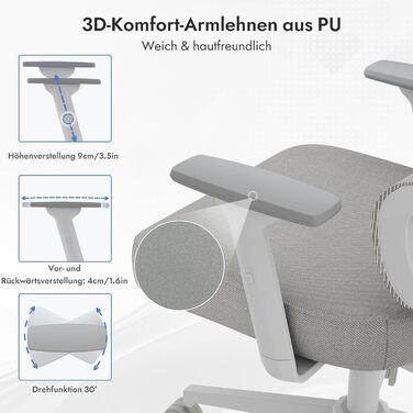 Ергономічне крісло для офісу та геймінгу з регульованою підголівником та 3D підлокітниками, підтримкою попереку, сіре
