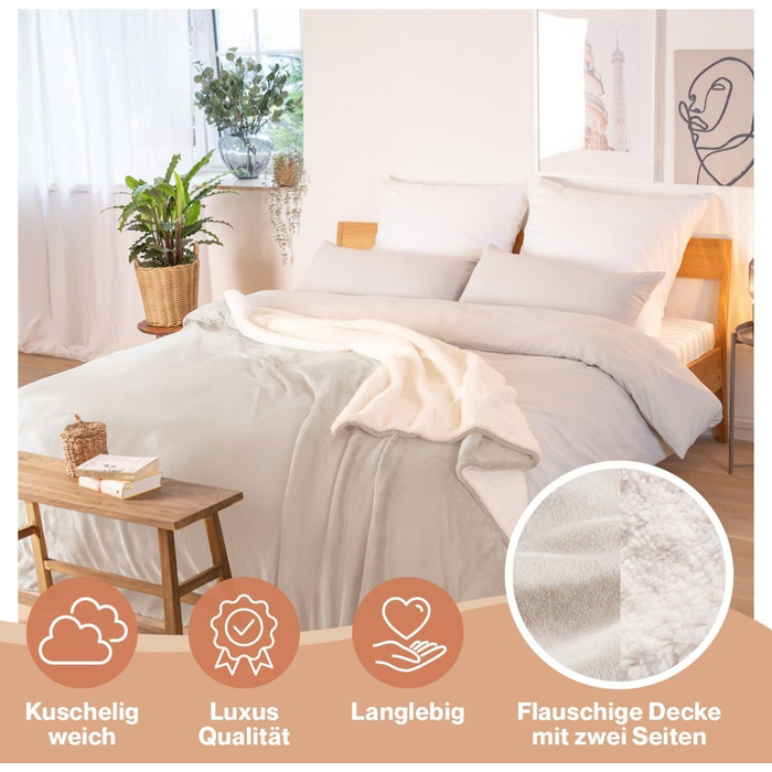 Плед Blumtal Premium Sherpa з м'якої шерсті, 230x270 см, сертифікат Oeko-Tex, теплий та пухнастий, для дивану, колір: Молочний (Taupe)