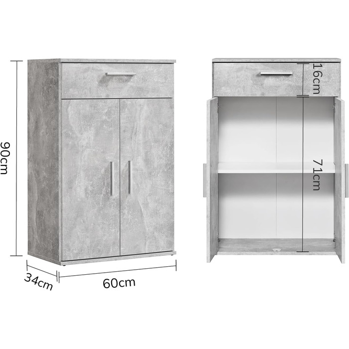 Multipurpose cabinet 60cm wide with drawers 'The Practical', small office cabinet or filing cabinet, also suitable as a shoe cabinet or storage cabinet in 60x90x34 cm (W/H/D) in White (Height 90CM, Concrete Look -92)