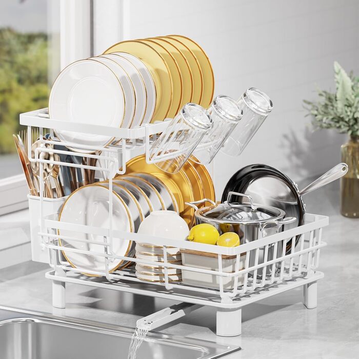 LIONONLY Dish Drying Rack, Small 2-Tier Dish Rack with Drip Tray, Stainless Steel Dish Drying Rack with Utensil Holder, Drink Holder and Swivel Spout, Dish Drying Stand Kitchen