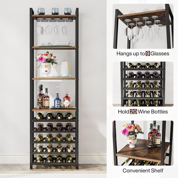Tribesigns 20 Bottle Wine Baker's Rack, Freestanding Wine Rack, 9 Tiers, Industrial Freestanding Wine Rack Wine Bar with Glass Holder, Bottle Shelf for Bar, Kitchen, Dining Room, Rustic Brown