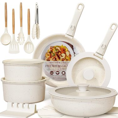 Набір посуду Astercook Keramik 21 предмет, керамічний антипригарний, знімні ручки, для плити (індукція, духовка), кремовий
