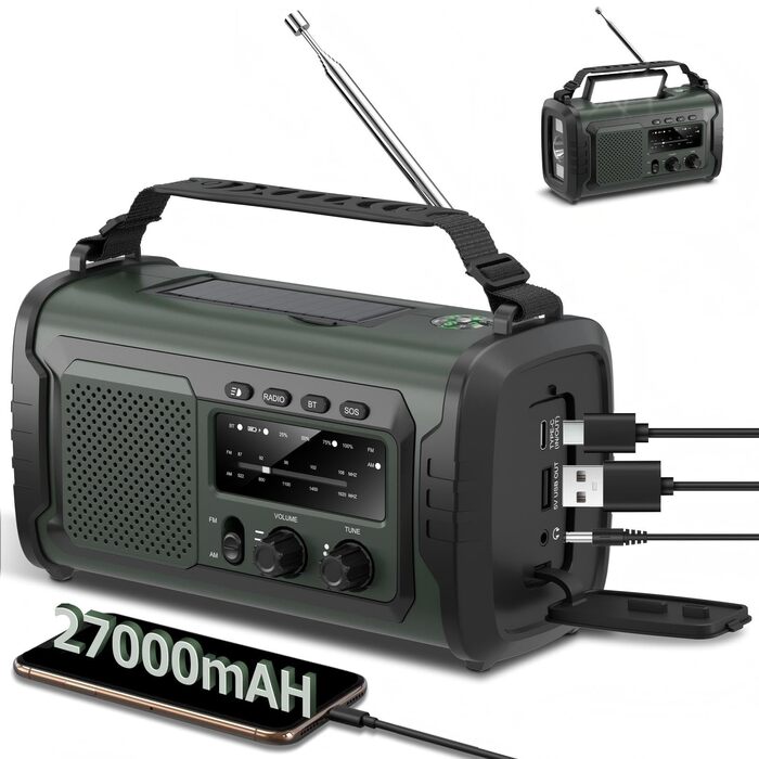 Радіо на сонячній батареї та ручному заводі Kurbelradio 27000mAh з SOS, Bluetooth, Powerbank, ліхтариком для кемпінгу та екстрених ситуацій (Зелений)