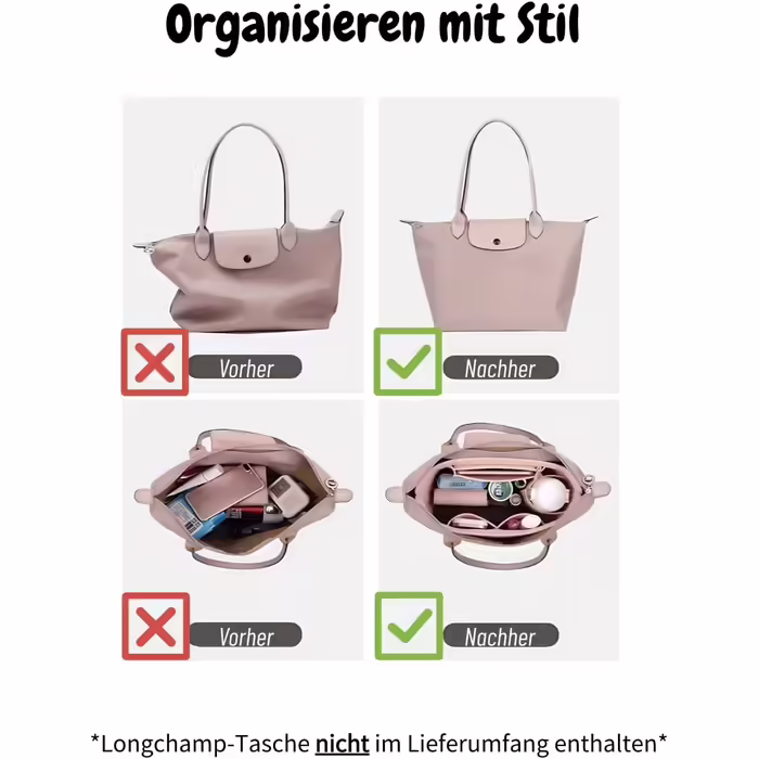 Charinor Bag Organizer for Longchamp, Felt Bag Organizer L with Key Chain and Bag in Bag (Beige, L)