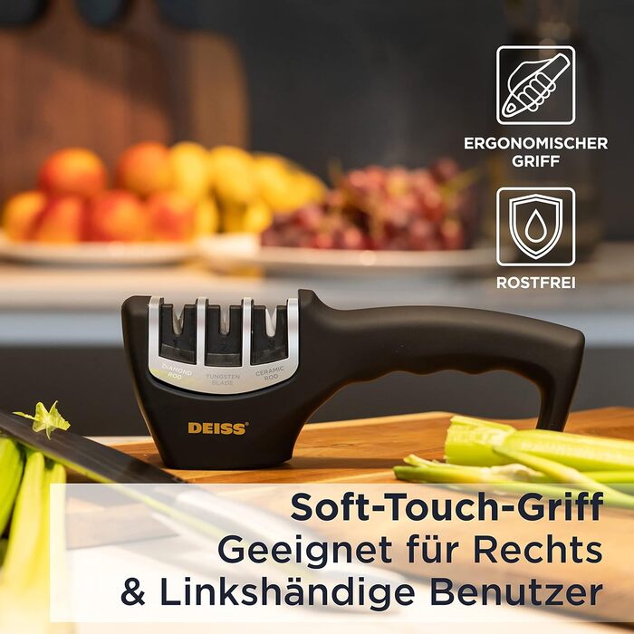 Deiss PRO Точилка для ножів 3-ступенева - професійна для кухонних, мисливських та керамічних ножів. Відновлює та полірує леза