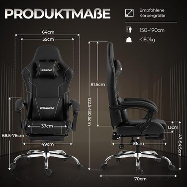 Ігровий крісло Dowinx: ергономічний, регульований, з підніжкою, до 180 кг, чорний