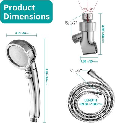 MIAOHUI Modern Handheld Showerhead with On/Off Switch, High-Pressure Showerhead with Handheld, 3 Spray Settings, Detachable Showerhead with Hose, Adjustable Shower Holder (Brushed Nickel) (Chrome)