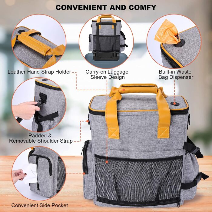 Сумка для собак Ownpets: дорожня сумка з набором аксесуарів (2 контейнери для корму, 2 миски, ремінь) сірого кольору