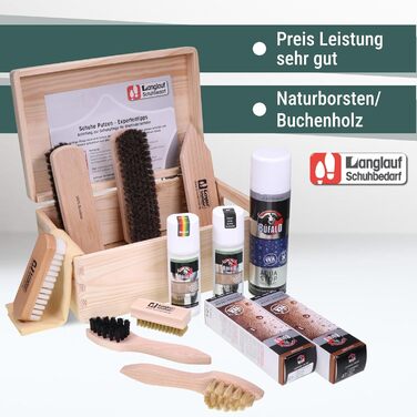 Rosshaar Shoe Care Set, 15-Piece - Extra-Large Rosshaar Polishing Brushes - Large Bologna Shoe Shine Box with Contents - Shoe Brush Set for Leather Shoes & Sneakers