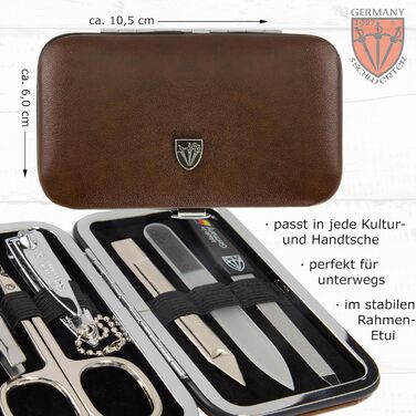 Набір для манікюру DREI SCHWERTER 'Catania' 6 предметів (Німеччина) - з ножицями для кутикули, щипчиками, пінцетом, алмазною та скляною пилочками, очищувачем для нігтів у футлярі, світло-коричневий