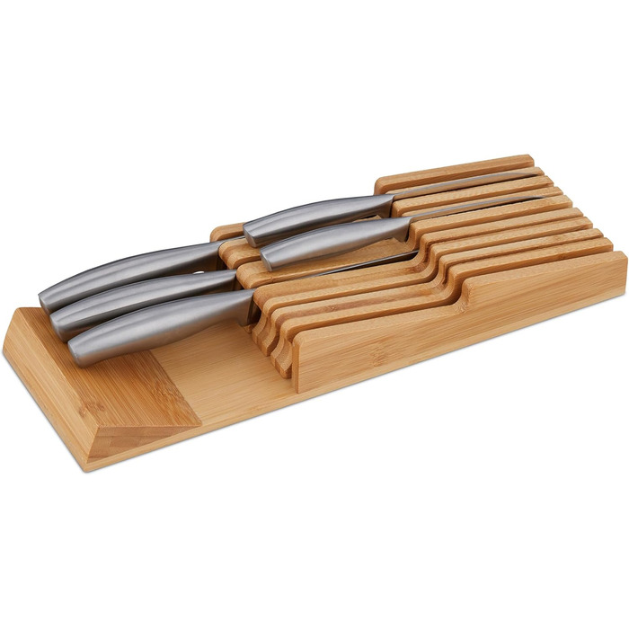 Relaxdays Knife Block Drawer, for 9 Knives & Honing Steel, Bamboo Knife Block Lying, HxWxD: 5.5 x 13 x 40 cm, natural