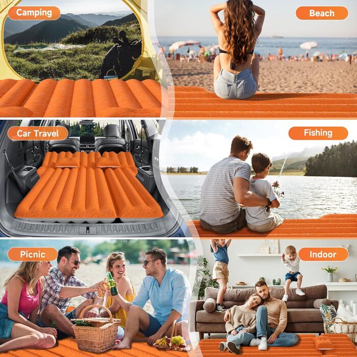 Automatic Inflatable Air Mattress for SUV - Flocked Surface, 2-Pillow Air Bed for Car Trunk, Travel, Camping & Home Use (Orange, 183x124x10 cm)