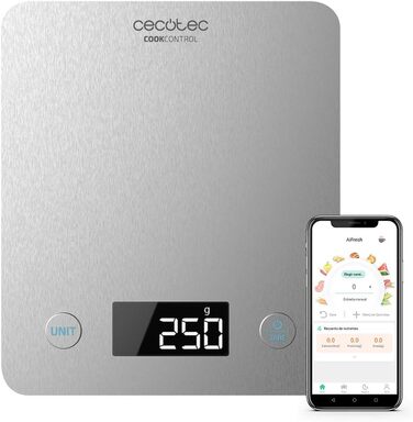 Кухонні ваги CookControl 10000 з підключенням до програми, з нержавіючої сталі, з вагою від 1 грама до 5 кілограмів, LCD-дисплей, ультратонкий дизайн, покриття проти відбитків пальців, керуюча програма до 5 кг