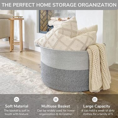 TIMEYARD XXL Large Laundry Basket, Storage Basket, Kids' Room Storage Basket, Kids' Laundry Basket, Basket for Blankets, Baby Toys, Woven Basket, 55x35cm, Grey