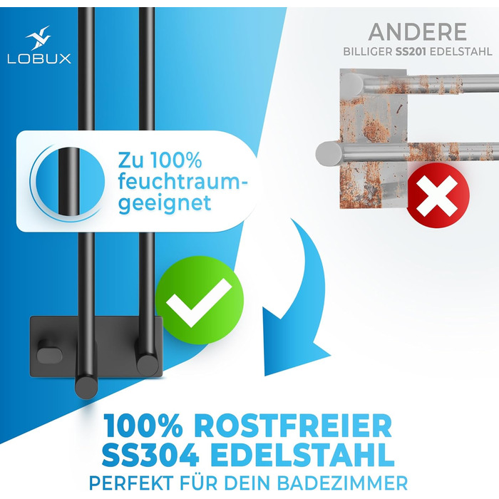 Тримач для рушників без свердління, нержавіюча сталь, чорний - з двома гачками, 80 см, для ванної кімнати, душової кабіни, кухні