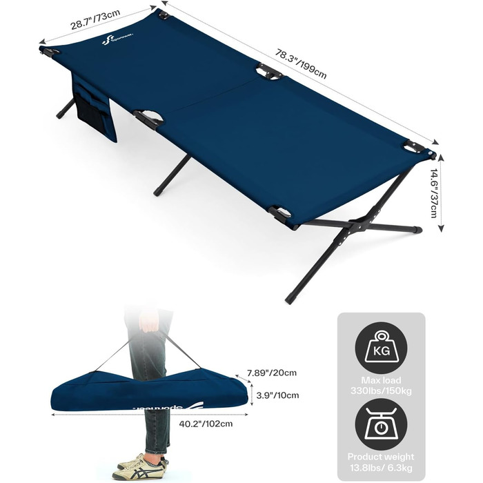 Розкладне ліжко Sportneer для кемпінгу та відпочинку на природі (199x73 см, блакитне)