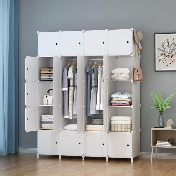 HOMIDEC Wardrobe, Portable Shelving System, 20-Cube Closet Organizer made of Plastic with 2 Clothes Rods, Bedroom Wardrobe Closet White for Bedroom, 180 x 142 x 45cm