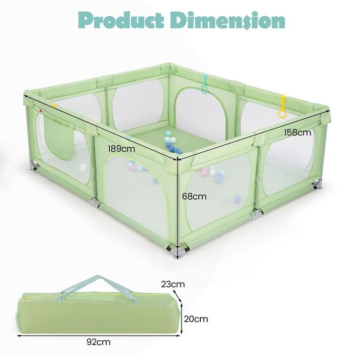LIFEZEAL Playpen Baby 189 x 158 cm, Safety Play Area Children's Playpen with Super Soft, Foldable Baby Playpen made of Oxford Cloth with Handbag, 50 Ocean Balls, 4 Toddler Rings (Green)