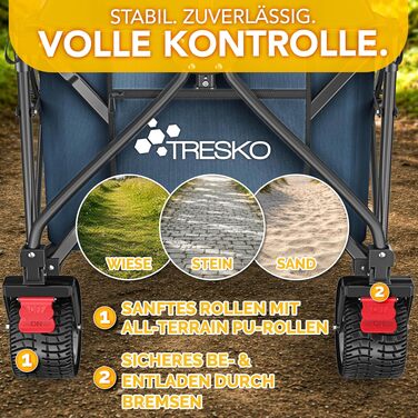 Універсальний складаний візок TRESKO® 300L з гальмом та повногумовими колесами | Складаний пляжний візок для транспортування вантажів до 150 кг (Синій)