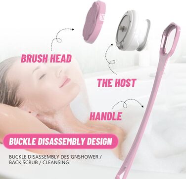 Electric Duschbürste (Shower Brush), Electric Back Brush with Long Handle, Back Brush Shower Massage Brush with 6 Cleaning Heads, Bath Brush for Spa Shower Peeling Massage Brush (Pink)