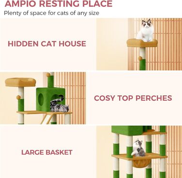 Великий котячий комплекс Kratzbaum 208 см з 3 анти-нахилом, 15 стовпчиками для дряпання, 2 платформами, 2 ховалами, 1 рампою для дряпання та гамаком. Стабільний котячий будиночок для великих котів (зелений + жовтий)