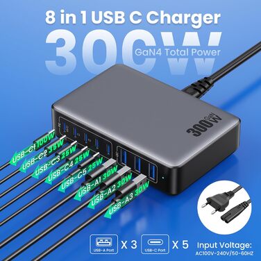 Зарядний пристрій USB C 300W, 8 портів, швидка зарядка 100W PD PPS для ноутбука, MacBook, iPad, iPhone 16/15/14, Samsung – Чорний