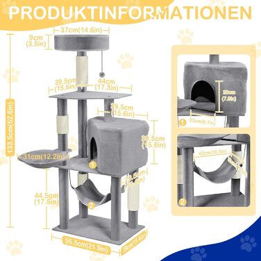 Багатоповерховий котячий будиночок-крісло з інтегрованим когтеточкою, платформою, гамаком та кошиком (Світло-сірий)