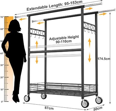 Стійка для одягу Bomclap з великою вантажопідйомністю, з колесами, висувна, з 3 перекладинами, 8 гачками та полицею, міцна, до 160 кг (чорна)