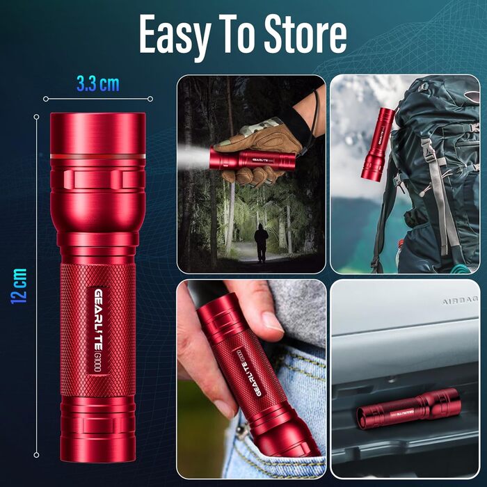 LED ліхтарик Gearlite: надпотужний, перезаряджається, 1000 люмен, 3 режими, Zoom, IP65, для кемпінгу та активного відпочинку