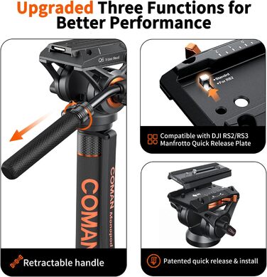 Штатив Coman Q6 для відеокамери та DSLR: міцна монопод з регулюванням 179.3 см, максимальне навантаження 10 кг, чорний