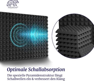 Акустичні пірамідні панелі PolySound для студії, подкастів та домашнього кінотеатру, шумопоглинаючий пінополіуретан, 48 шт, 30x30x6 см, чорний
